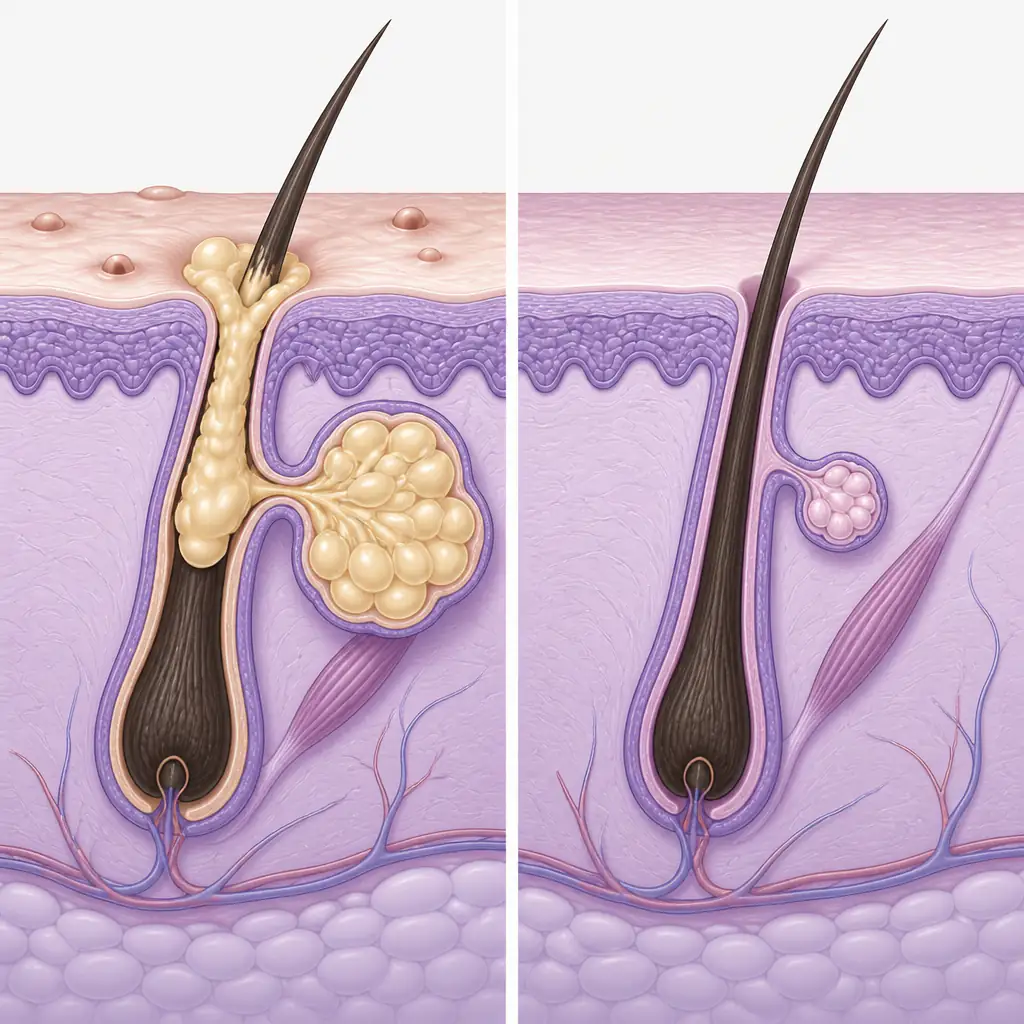 Skin cross-section diagram showing sebaceous gland changes relevant to before and after accutane pictures