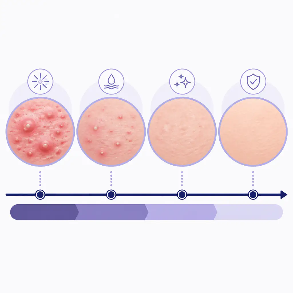 Timeline diagram of isotretinoin treatment stages showing progressive skin clearing