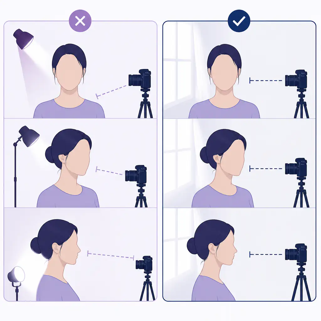Diagram comparing correct and incorrect methods for photographing before and after accutane progress