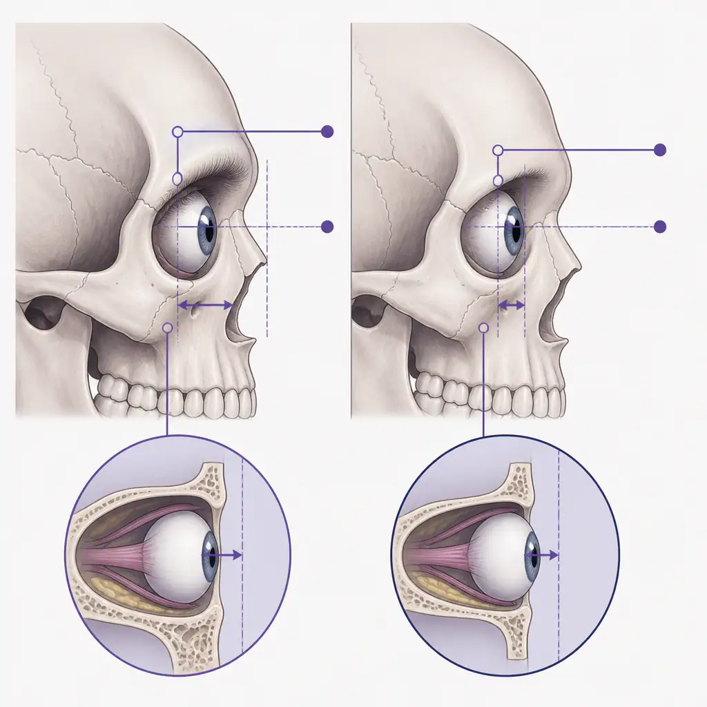 Anatomical diagram comparing deep set eye orbital structure to standard eye socket depth