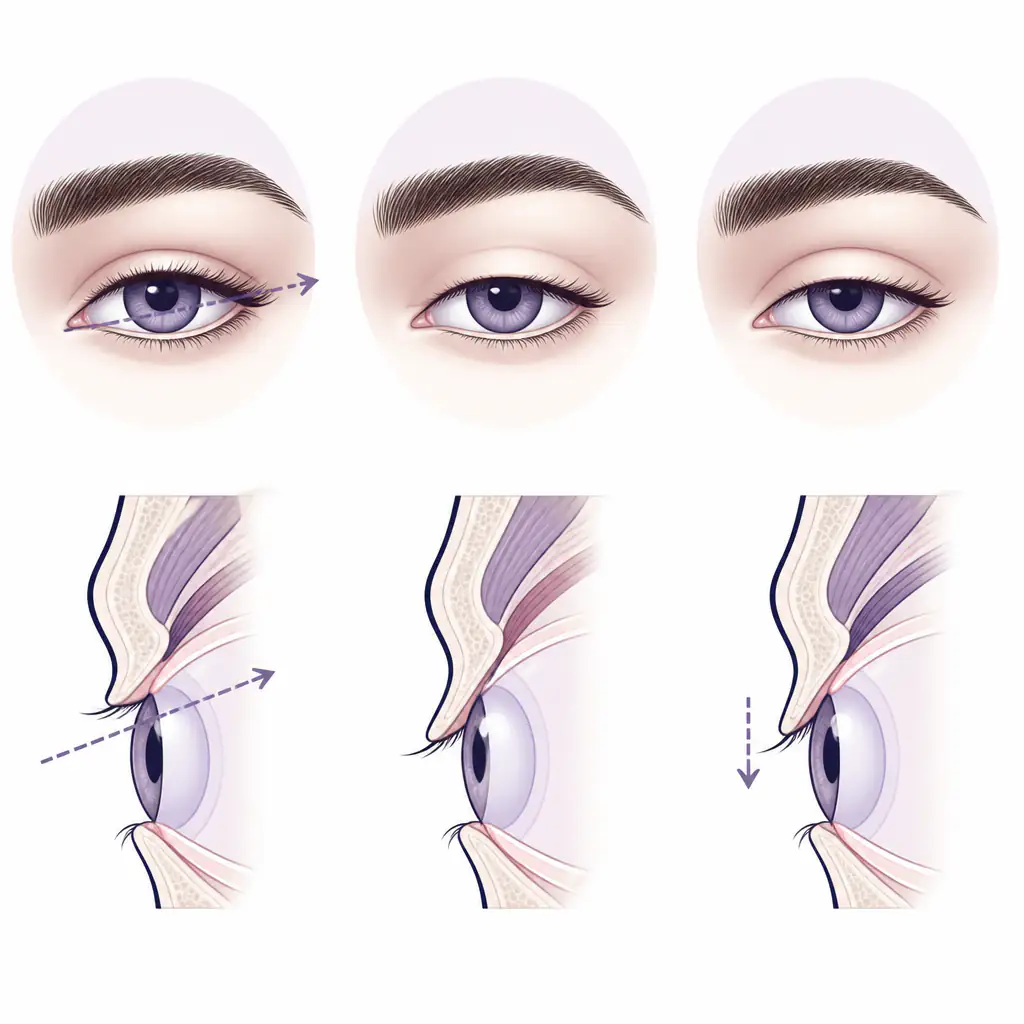 Diagram comparing hunter eyes, hooded eyes, and ptosis eye shapes with anatomical labels