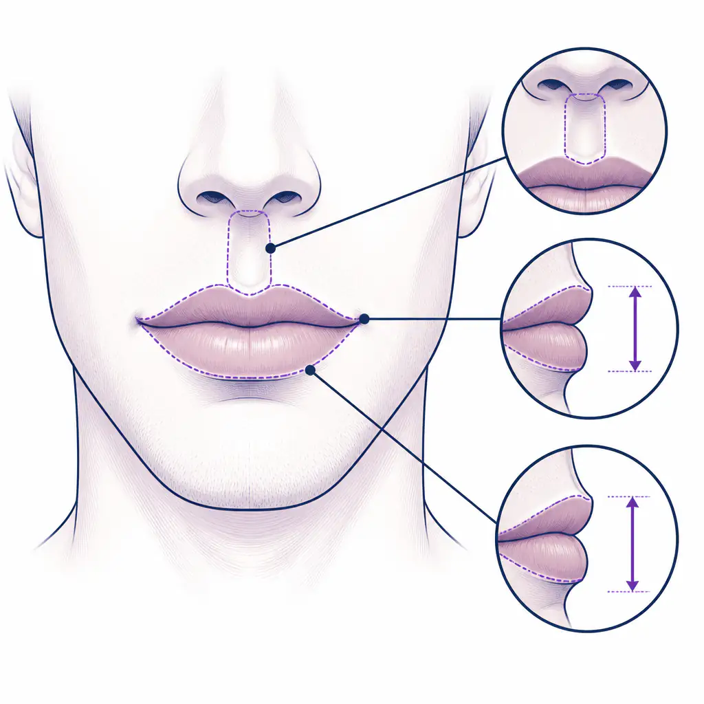 Diagram of male lip anatomy showing vermillion height and philtrum measurements