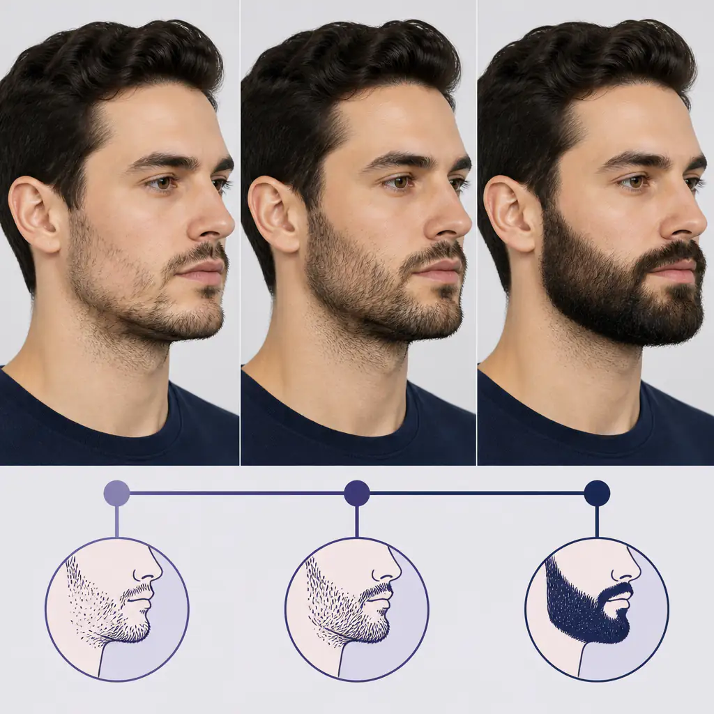 Timeline illustration showing how to grow a beard with minoxidil over 12 months