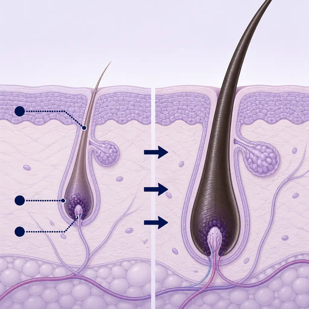 Diagram showing vellus to terminal hair follicle conversion from minoxidil for facial hair growth