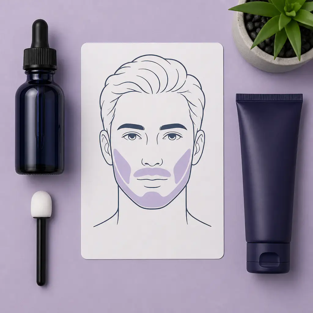 Minoxidil beard application setup showing product and facial application zones