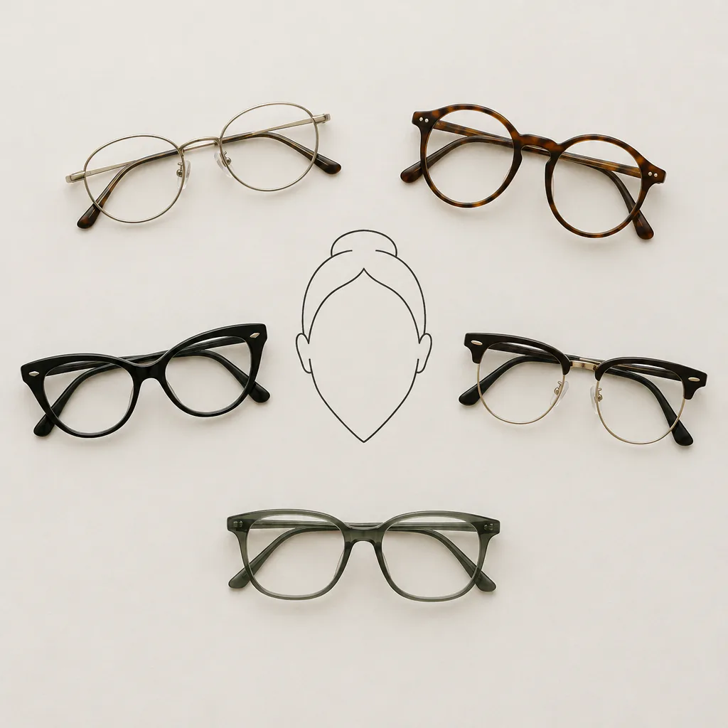 Overhead flat lay of five eyeglass frames arranged in an arc around a simple line-drawn diamond-shaped face outline with a hair bun: a thin oval metal frame, a round tortoiseshell frame, a black cat-eye frame, a browline frame with metal lower rims, and a gray soft-square frame, on a light neutral background.