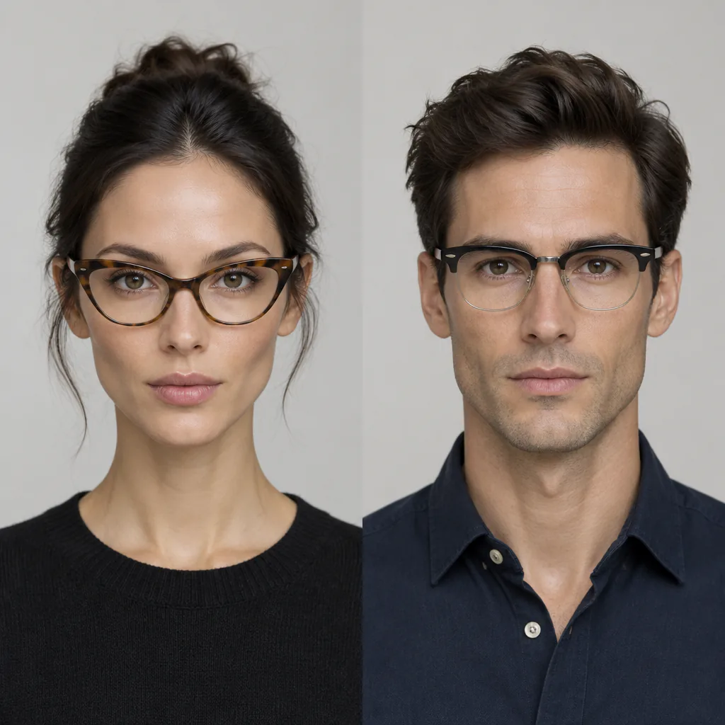 Side-by-side portrait of a woman with a dark updo wearing tortoiseshell cat-eye glasses and a man with short dark hair wearing browline glasses with a dark top bar and thin metal lower rims, both facing the camera with neutral expressions against a plain light gray background.