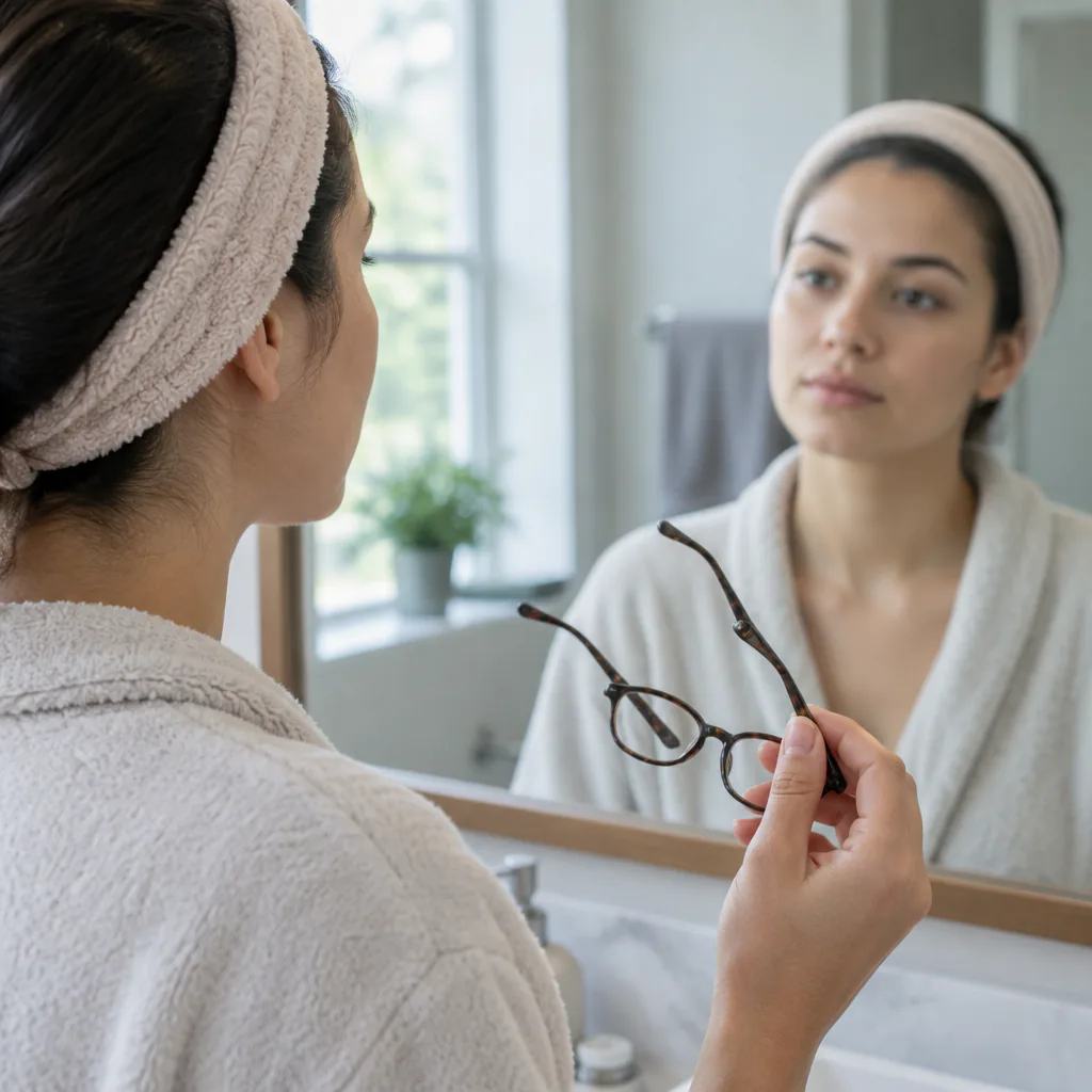 A person in a white robe and soft headband, hair pulled back, holds a pair of tortoiseshell glasses away from their face while studying their calm reflection in a bathroom mirror by a sunlit window.
