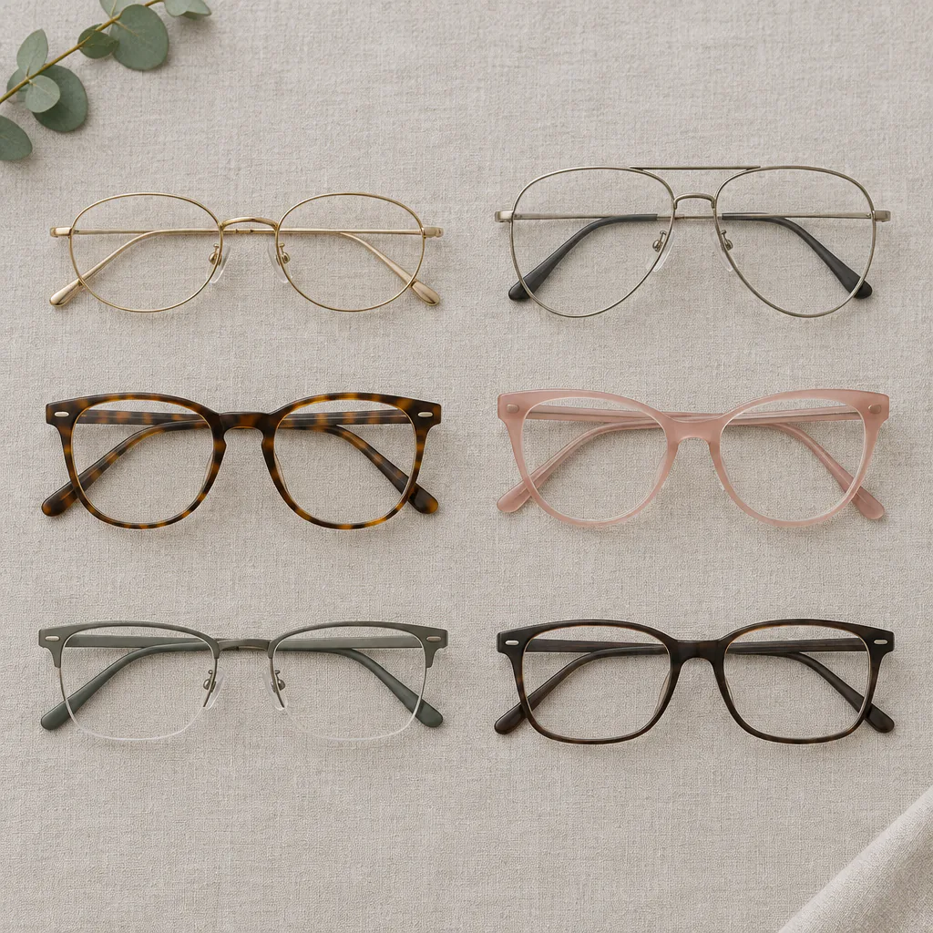 Overhead flat-lay of six eyeglass frames in two rows on a warm-gray linen surface: a thin gold oval, a metal aviator, a tortoiseshell D-frame, a blush cat-eye, a semi-rimless frame with a muted green-gray top bar, and a dark tortoiseshell rectangular frame with rounded corners, with an eucalyptus sprig in the corner.