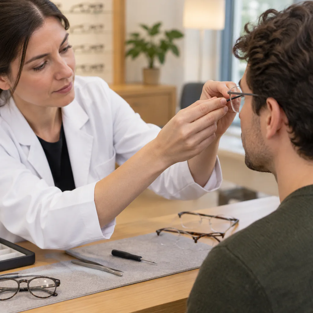 An optician in a white coat adjusts the temple arm of thin metal semi-rimless glasses on a client seated facing her, with small hand tools and several frames on the fitting table in a warm, calm shop.