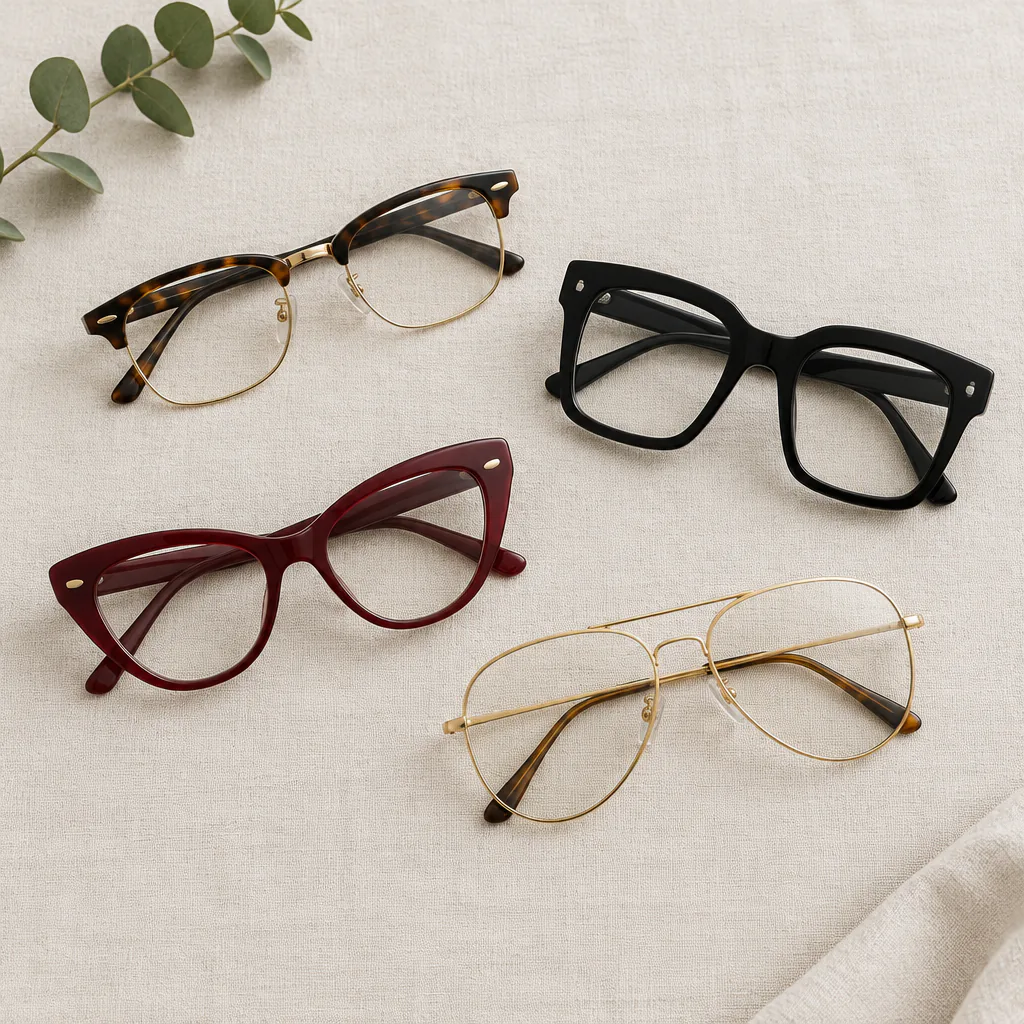 Four eyeglass frames arranged on a light linen surface: a tortoiseshell browline with gold lower rims, a bold black square acetate frame, a burgundy cat-eye frame and a gold aviator with tortoiseshell temple tips, with a sprig of eucalyptus in the corner.