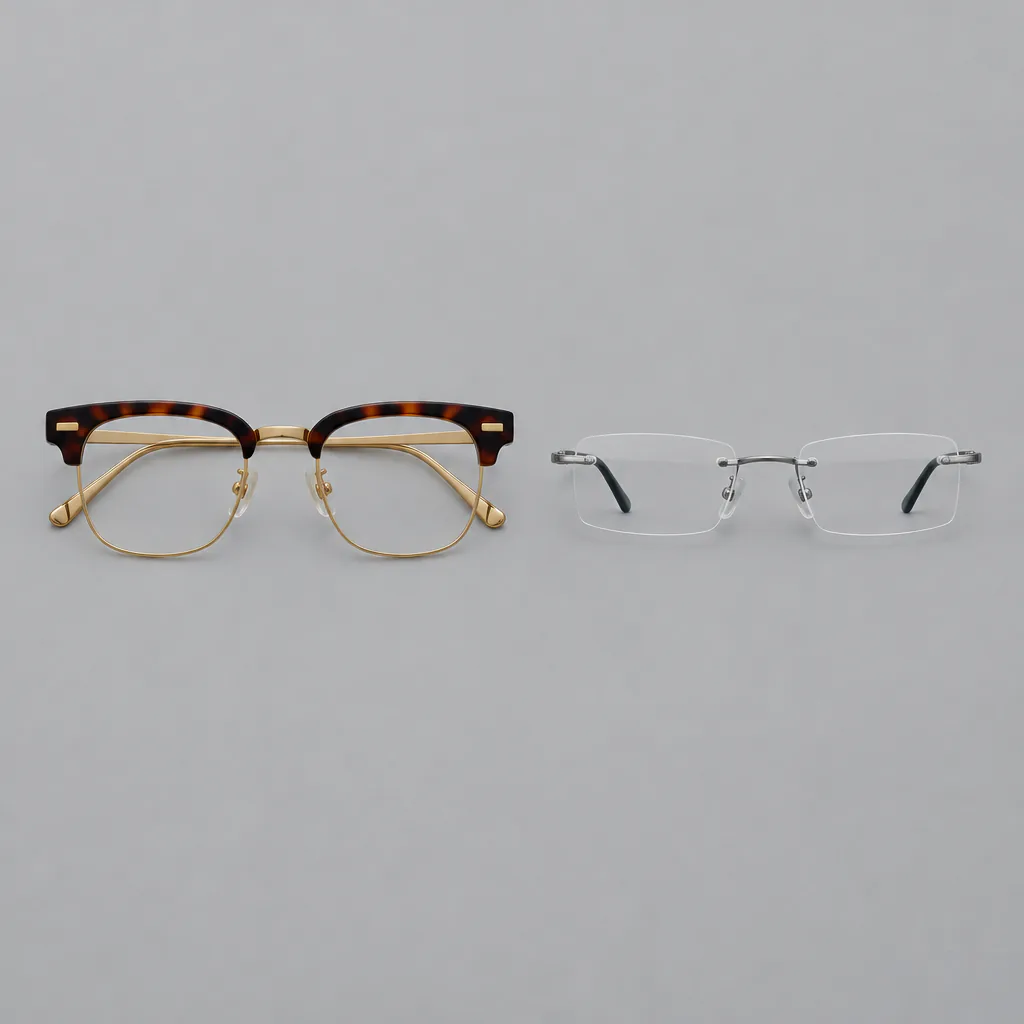 Wide tortoiseshell browline glasses with gold lower rims and gold temples beside a thin, narrow rimless rectangular pair with clear lenses, shown flat on a neutral grey background