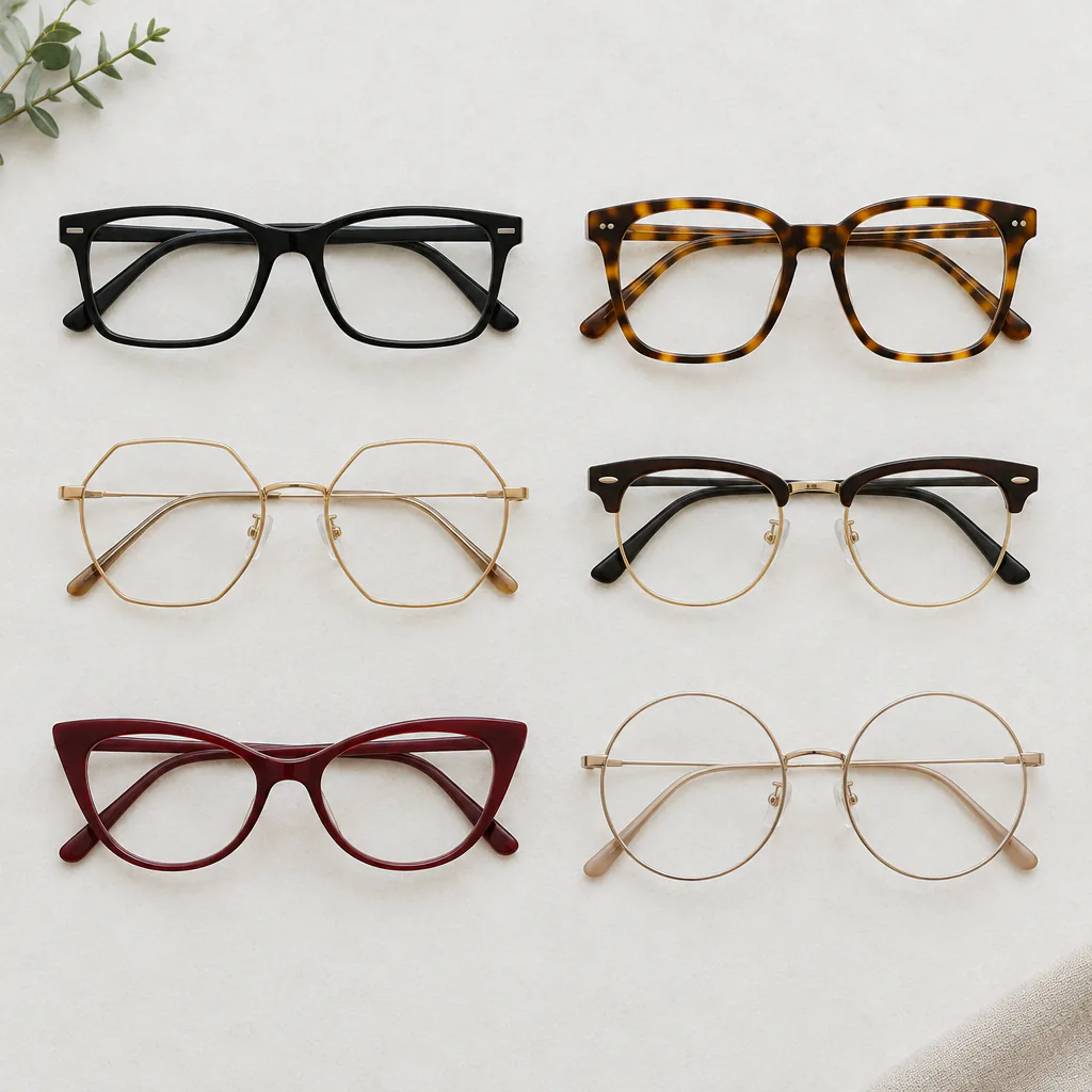 Flat-lay of six eyeglass frames on a light neutral surface: a black rectangular frame, a tortoiseshell square frame, a thin gold hexagonal metal frame, a browline frame with dark top and gold rims, a burgundy cat-eye frame, and a thin oversized round gold metal frame, with a small sprig of greenery in the corner.