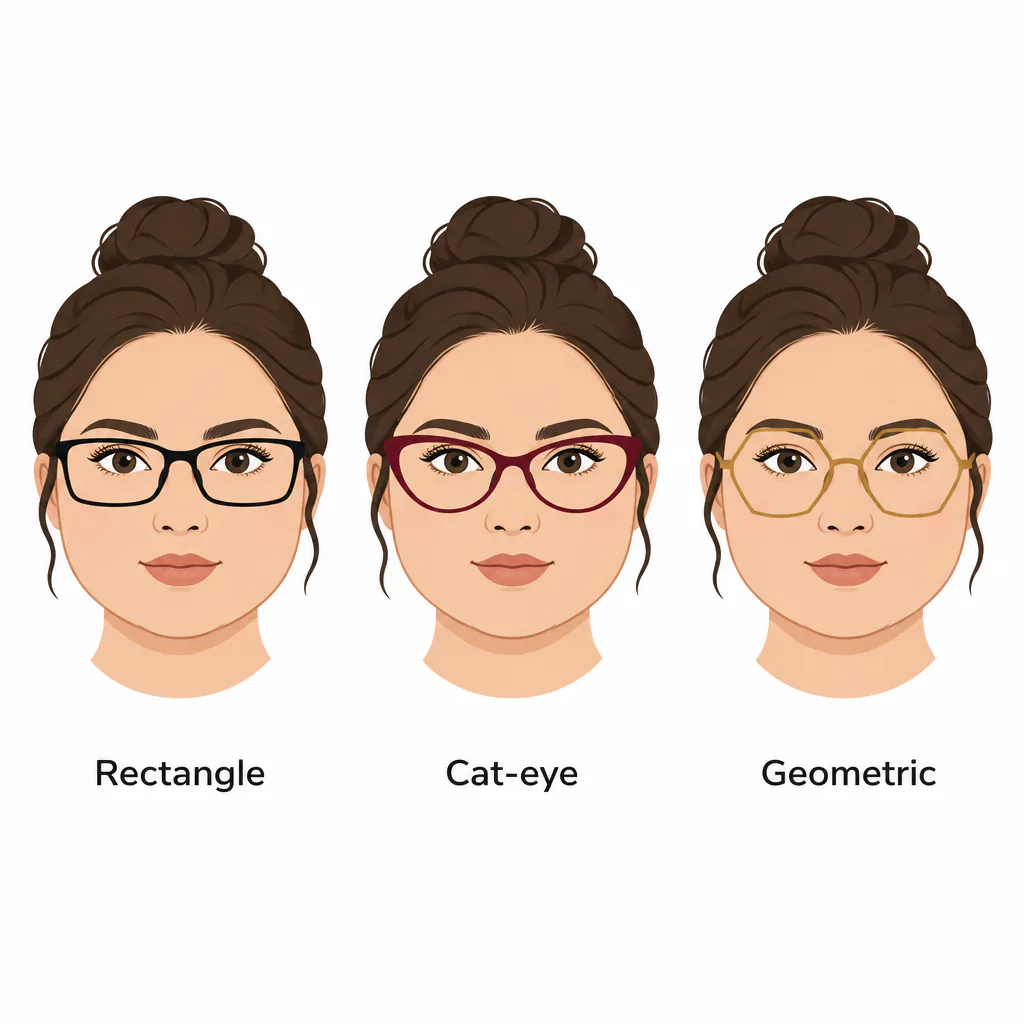Three identical round-faced illustrated figures with hair in buns, each wearing different glasses: black rectangular frames labeled Rectangle, burgundy upswept cat-eye frames labeled Cat-eye, and gold hexagonal frames labeled Geometric.