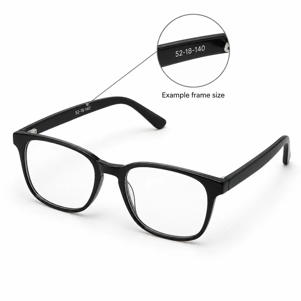 Black rectangular eyeglasses shown from a three-quarter overhead angle with the left temple arm opened, its inside face printed with the size code 52-18-140, and a magnified circular inset labeled 'Example frame size' showing the same code.