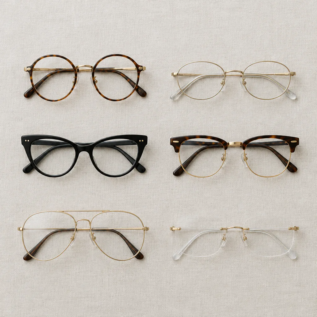 Overhead flat lay of six eyeglass frames in a 2x3 grid on a light linen surface: round tortoiseshell, thin oval gold wire, black cat-eye, tortoiseshell browline with gold rims, gold aviator, and clear rimless frames.