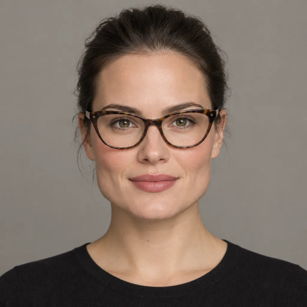 Woman with dark hair pulled back wearing tortoiseshell cat-eye glasses, facing the camera against a plain warm gray background, with a slight smile and natural makeup