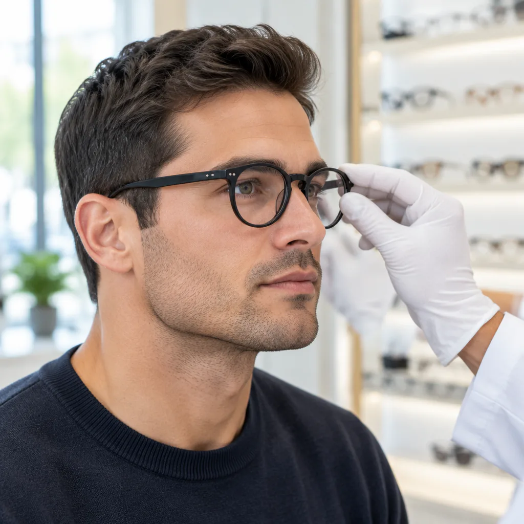 An optician's gloved hand adjusts a pair of round black acetate glasses on a short-haired man with a strong jaw, seen in three-quarter profile in a bright optical shop with shelves of frames blurred behind him