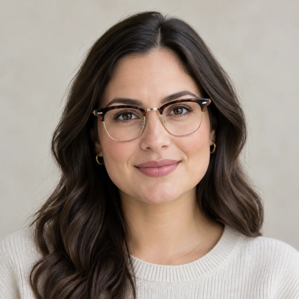 Smiling woman with long dark wavy hair wearing tortoiseshell browline glasses with a thin metal lower rim, gold hoop earrings and a cream knit sweater against a soft neutral background
