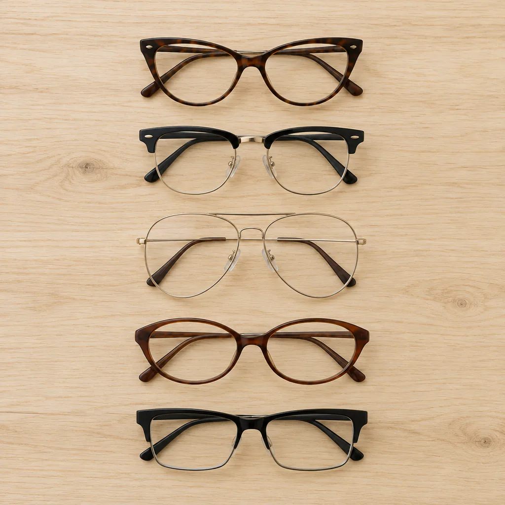 Flat lay of five eyeglass frames stacked in a vertical row on a light wooden surface: a tortoiseshell cat-eye, a black and gold browline, a thin gold metal aviator, a brown tortoiseshell oval, and a black rectangle frame with a thicker top rim.