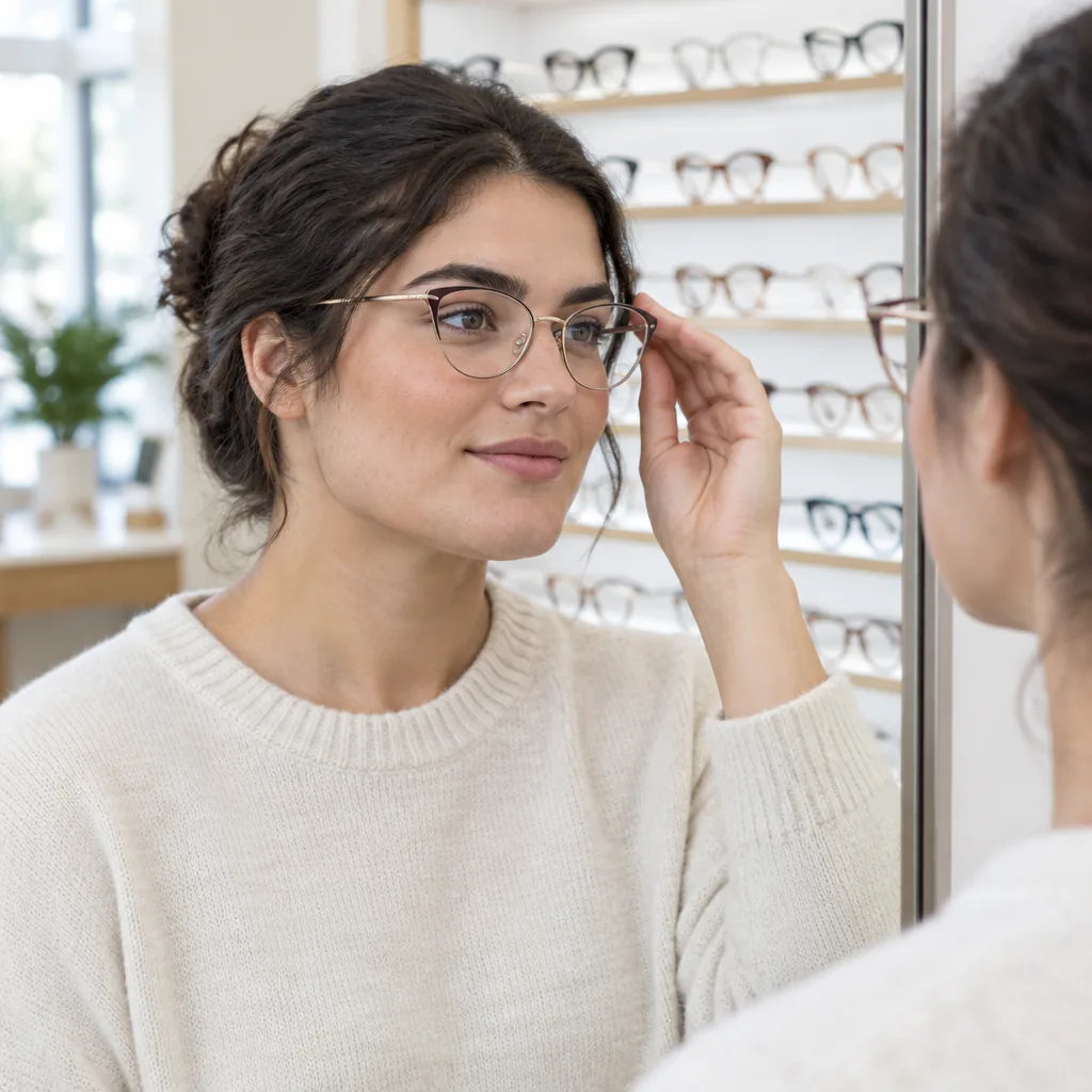 A woman with dark hair in a loose updo, wearing a cream knit sweater, adjusts thin-rimmed cat-eye glasses at a mirror in a bright optical store, with shelves of frames softly blurred behind her and her reflection visible at the right.