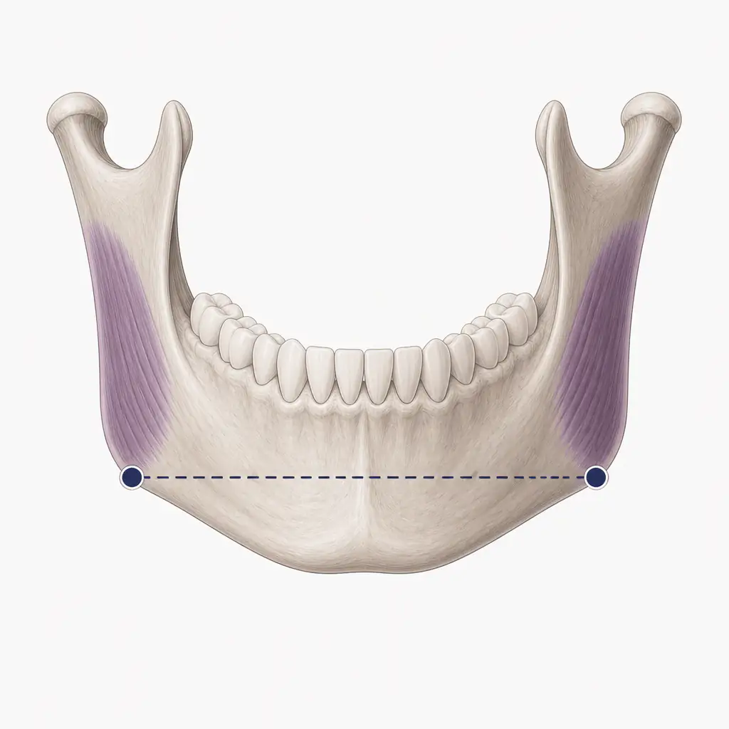 Anatomy diagram of the mandible showing gonion landmarks and bigonial width
