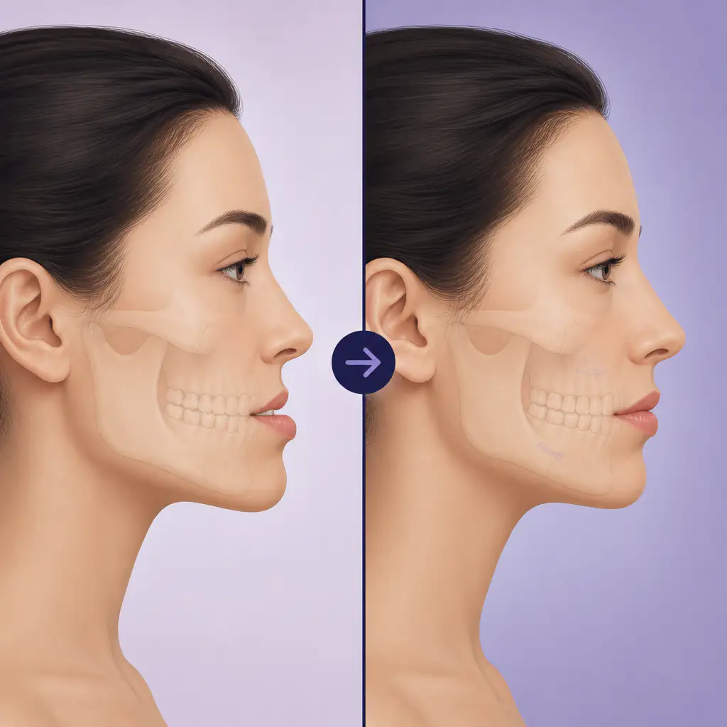 Bimax before and after profile illustration showing jaw repositioning