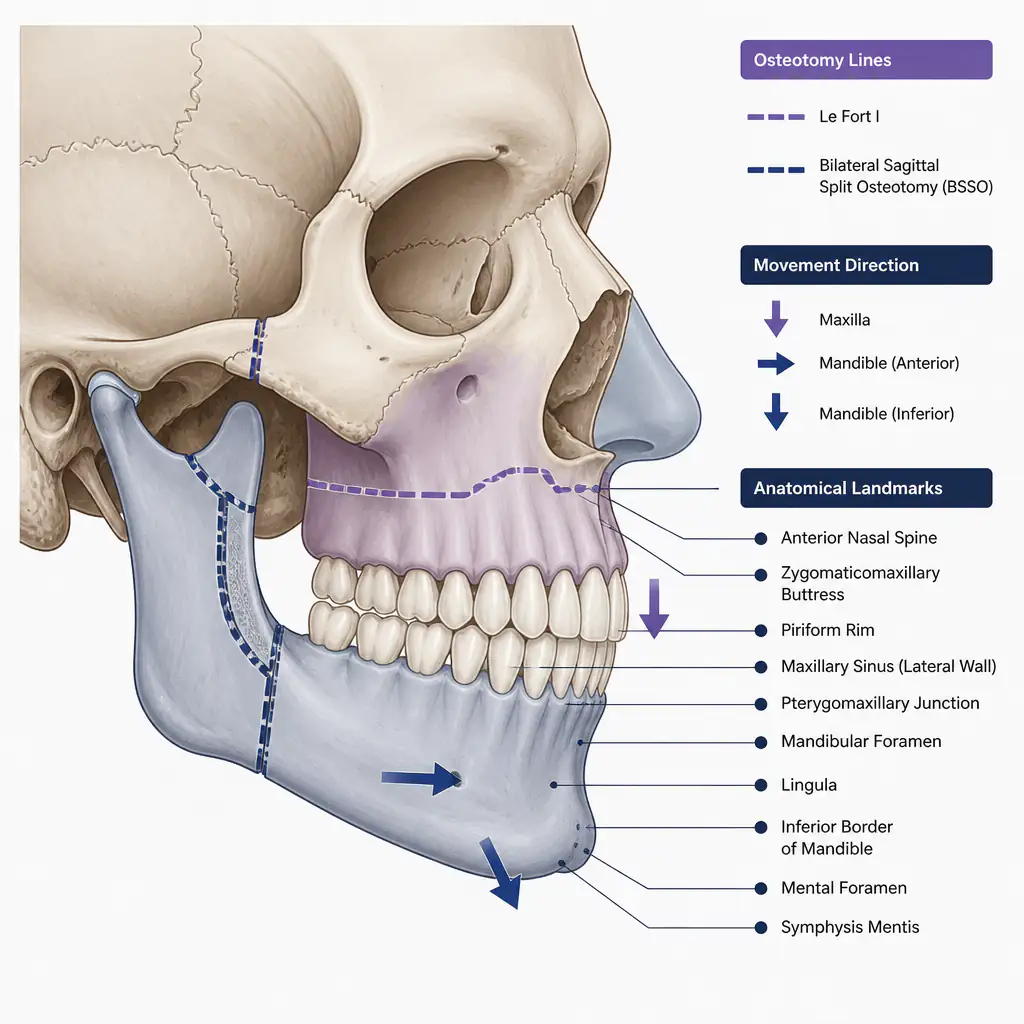 Anatomical diagram showing bimax surgical cut lines on maxilla and mandible