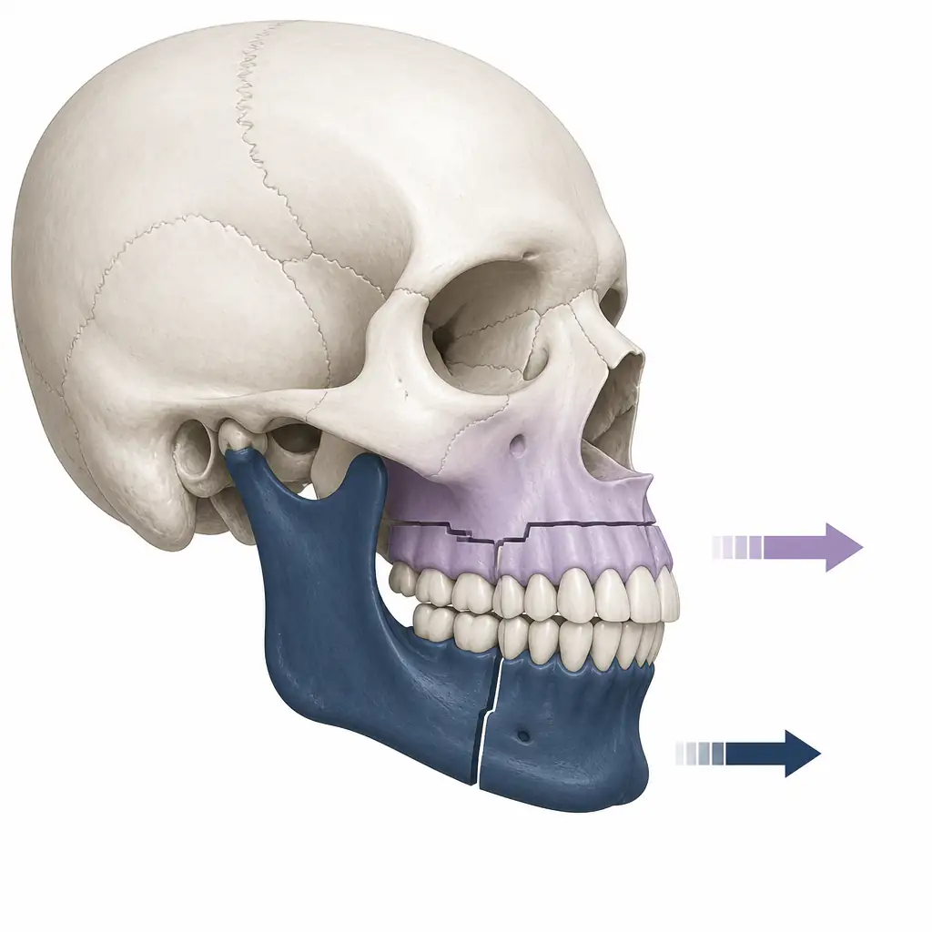Diagram showing bimax surgery jaw movement on a skull profile