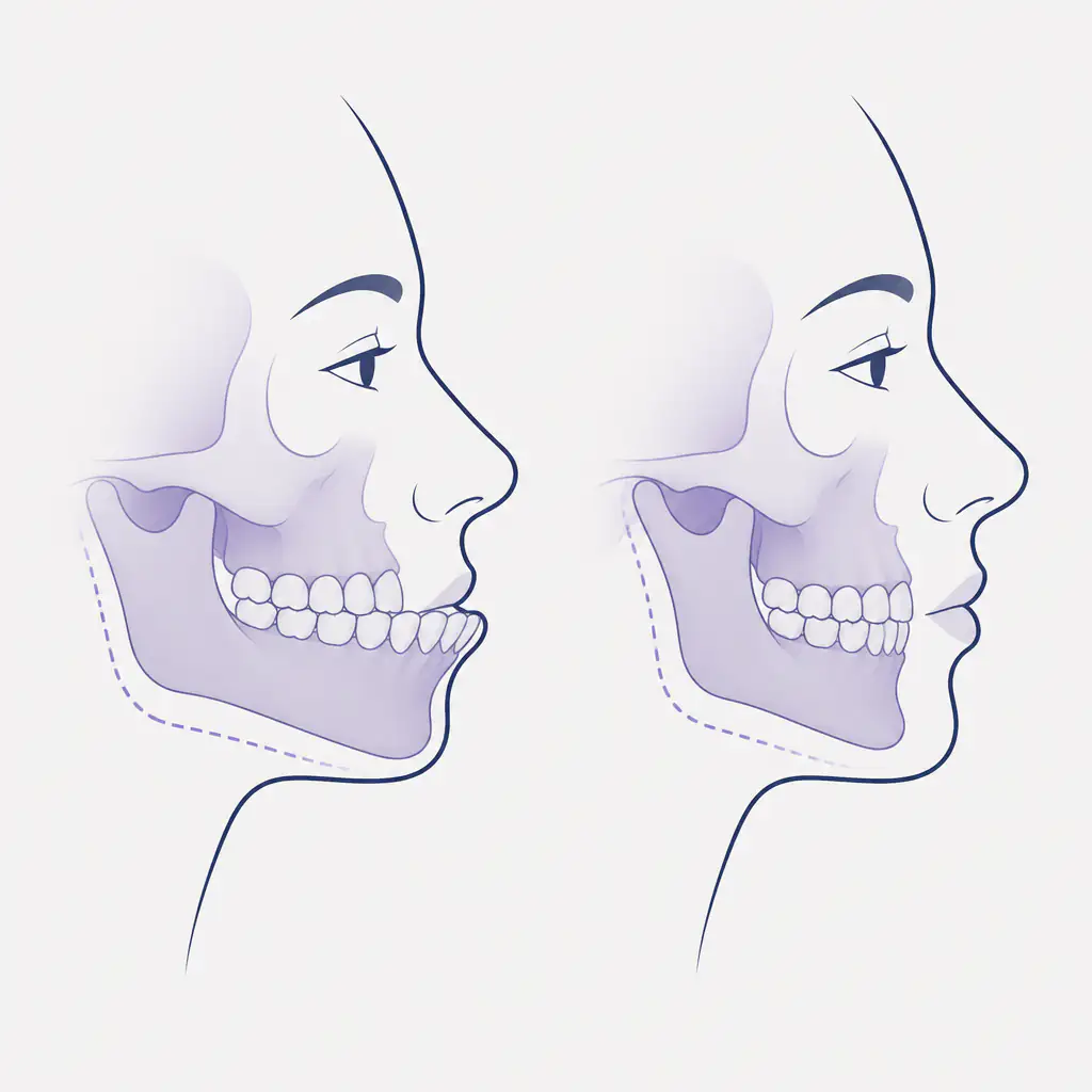 Before and after jaw profile comparison showing bimax surgical correction