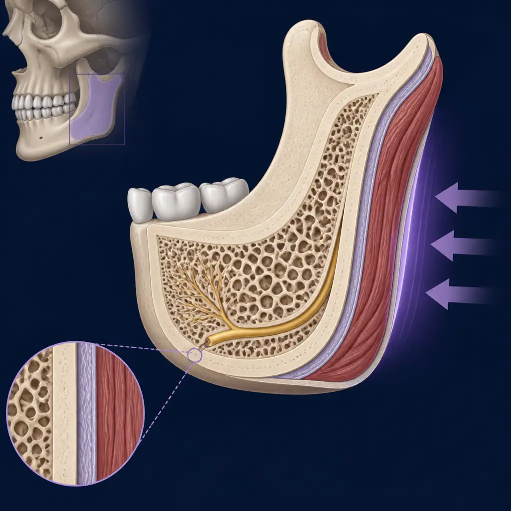 Anatomical diagram of jawbone layers and masseter muscle relevant to bone remodeling claims