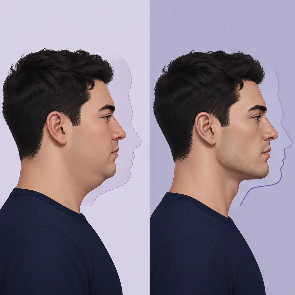 Comparison illustration showing how body fat and masseter muscle affect jawline definition