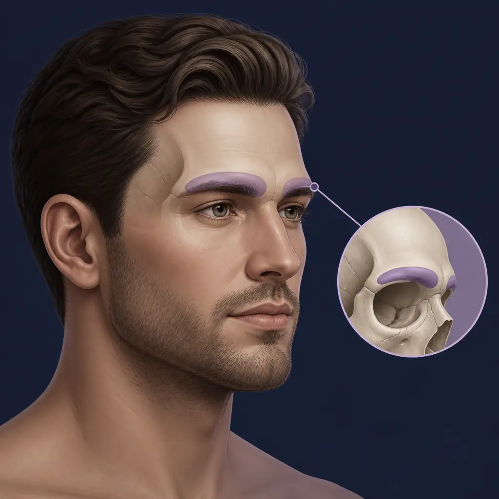 Anatomical illustration showing the brow ridge area on a male face profile