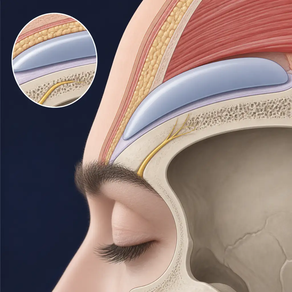 Cross-section diagram of brow ridge implant placement over the supraorbital rim