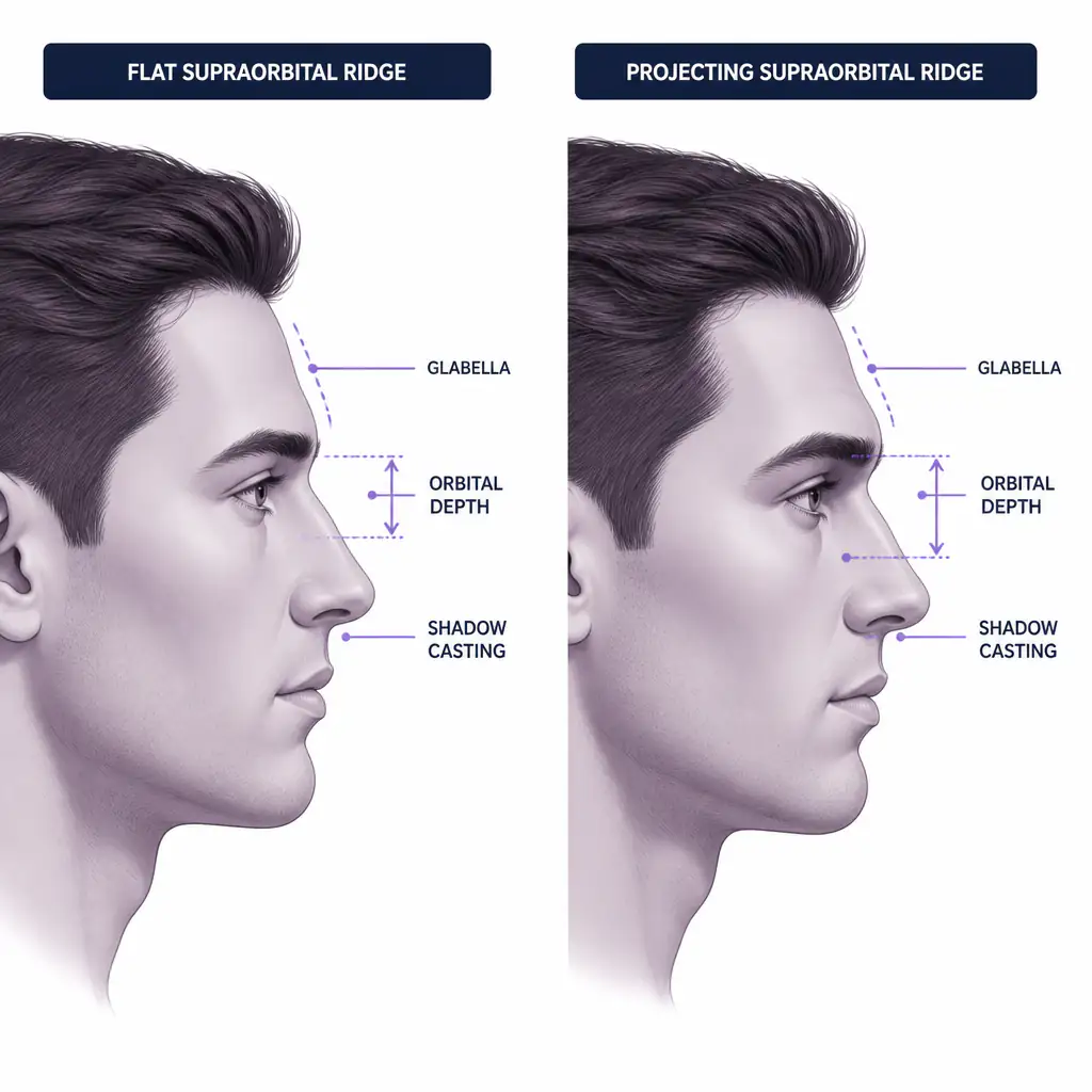 Comparison diagram showing flat versus prominent brow ridge in male profiles