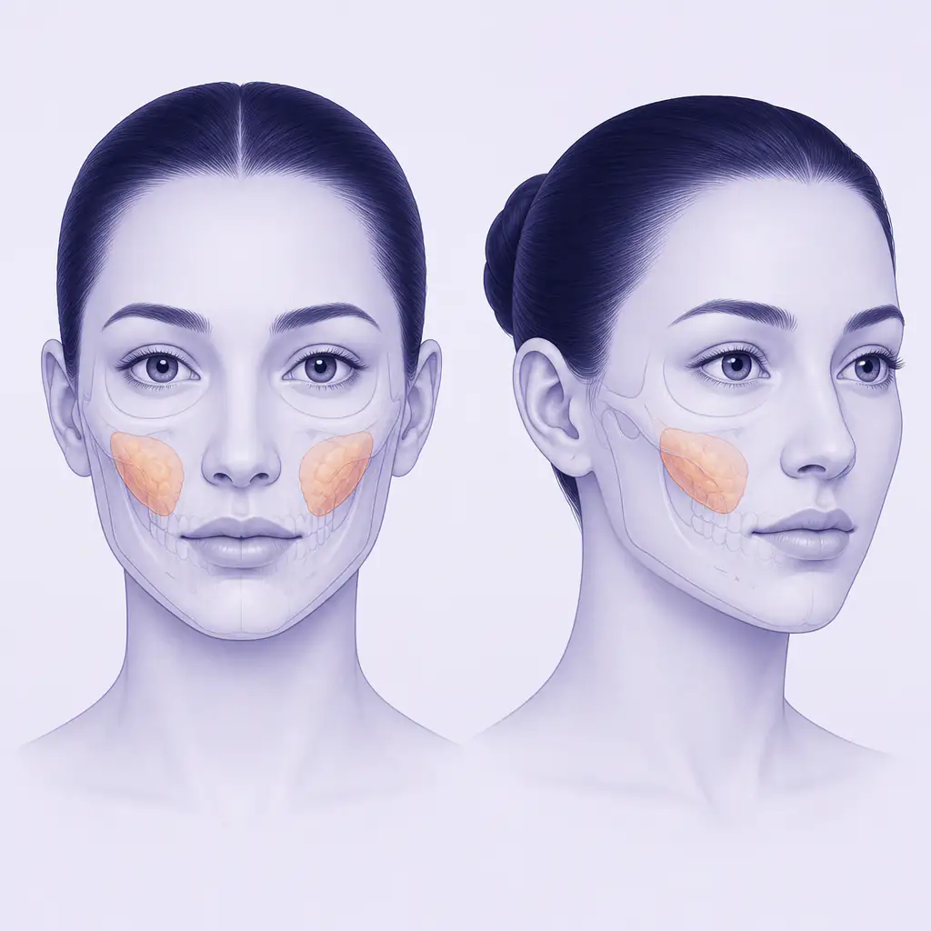 Illustration of buccal fat pad location in the human face, relevant to understanding buccal fat removal gone wrong