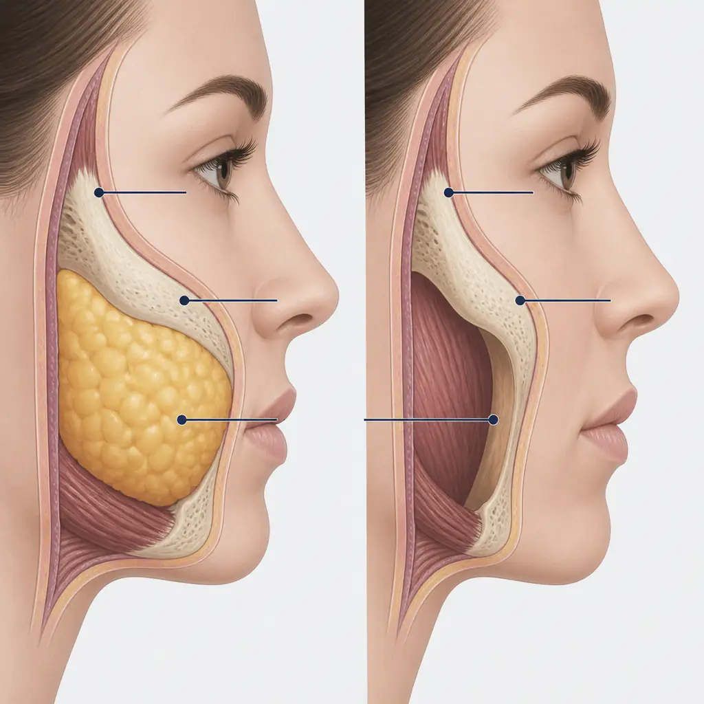 Cross-section diagram comparing cheek anatomy with and without buccal fat pad