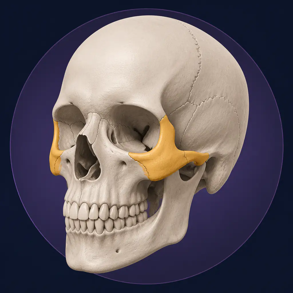 Anatomical diagram of malar bones highlighted on a human skull showing zygomatic bone structure