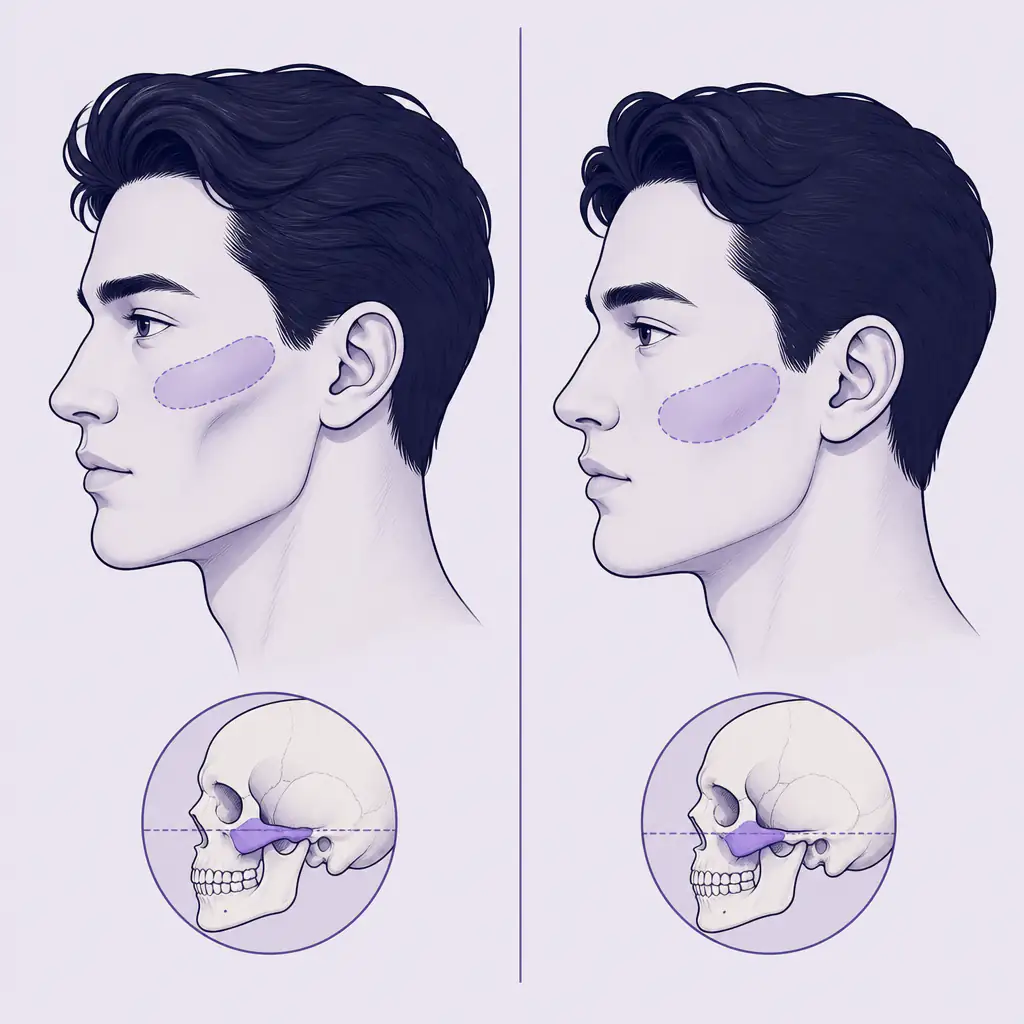 Side-by-side comparison illustration of high-set versus low cheekbones in men showing malar bone position