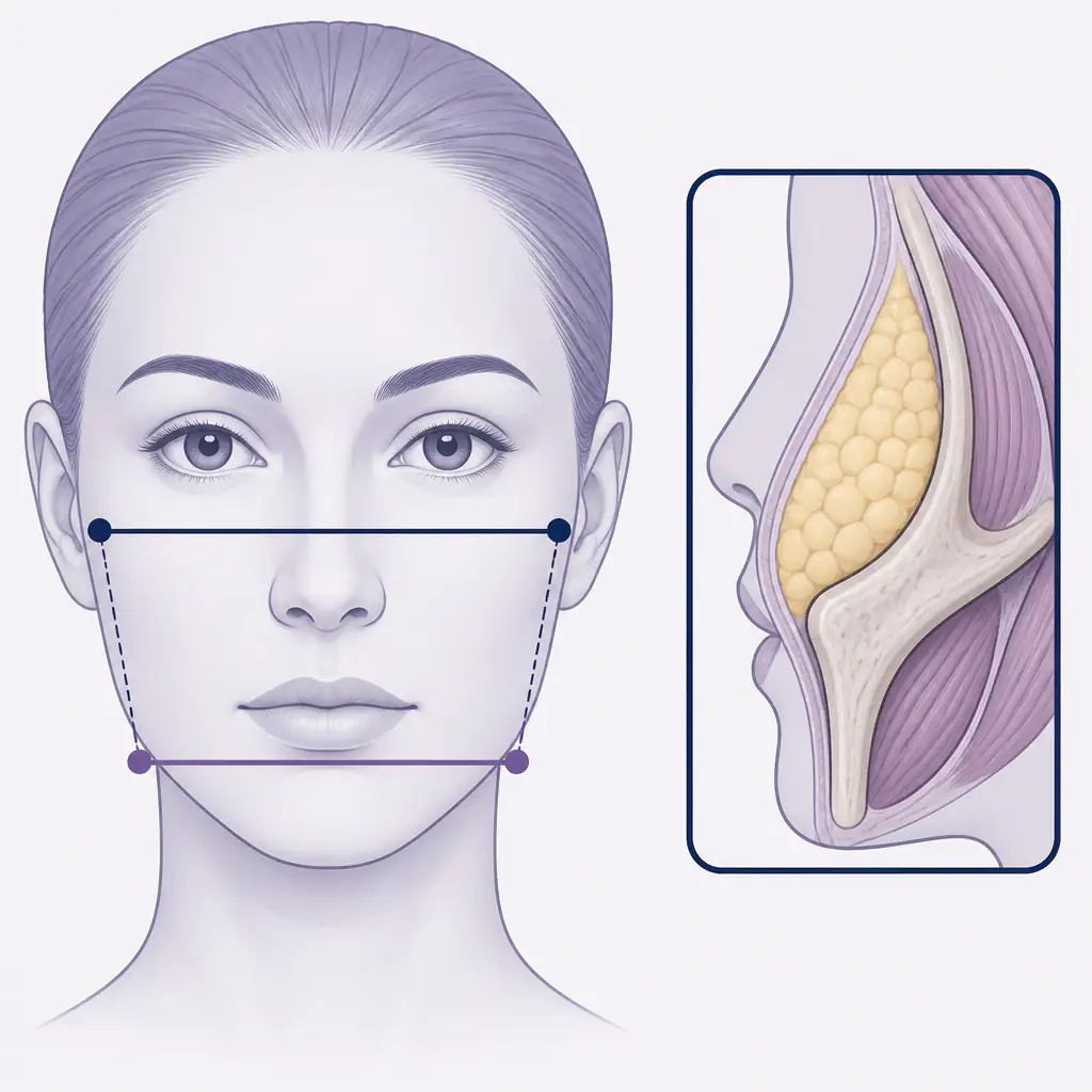 Diagram showing bizygomatic width measurement and malar fat pad over the zygomatic bone anatomy