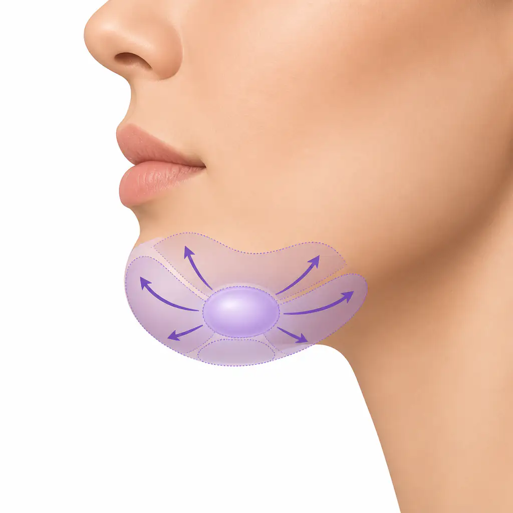 Diagram showing does chin filler migrate with directional arrows on a side-profile face