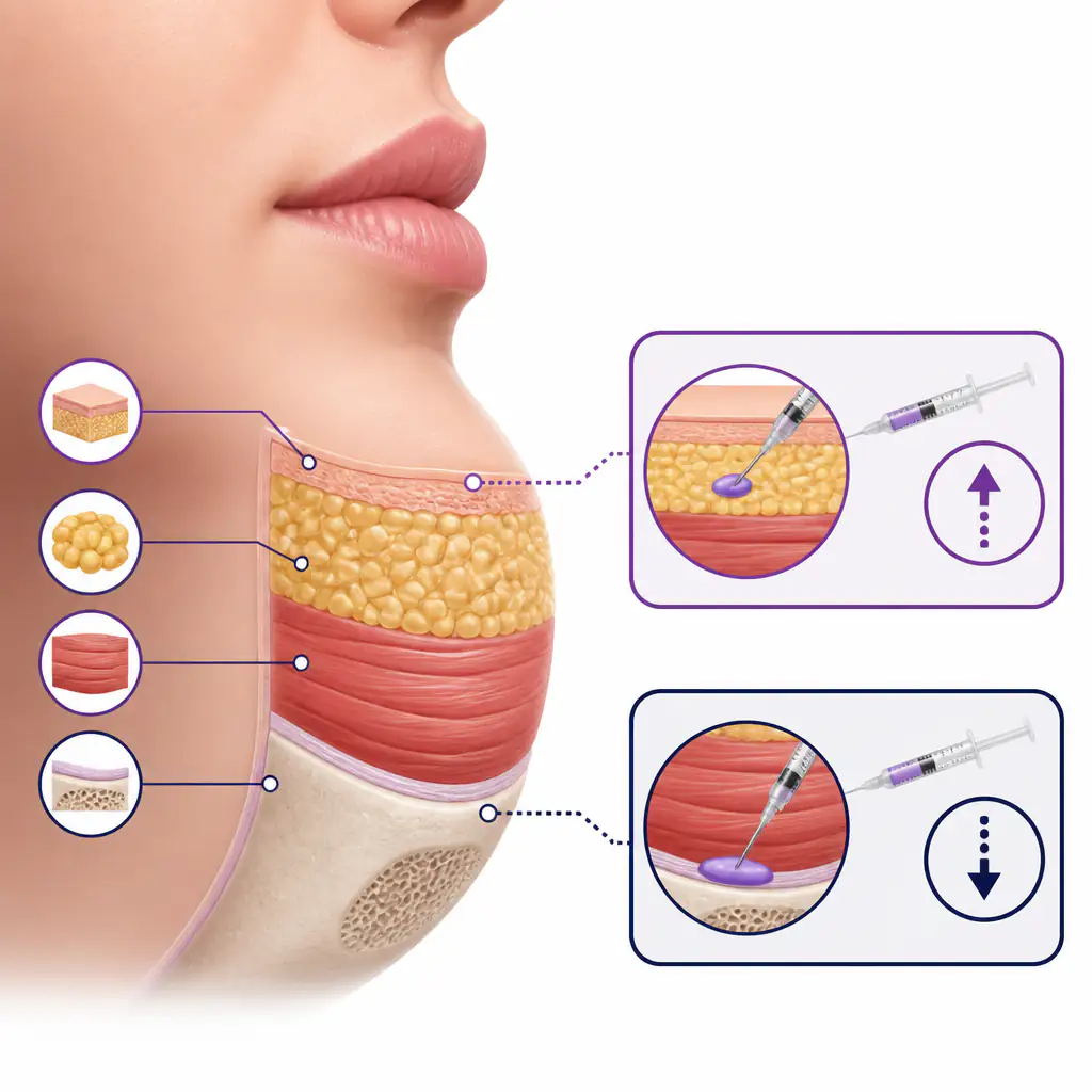 Cross-section anatomy diagram of chin layers showing correct and incorrect filler injection depth