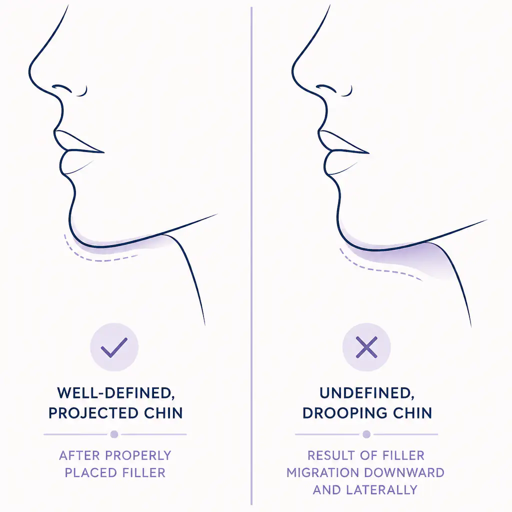 Before and after comparison illustration of normal chin filler result versus migrated filler outcome