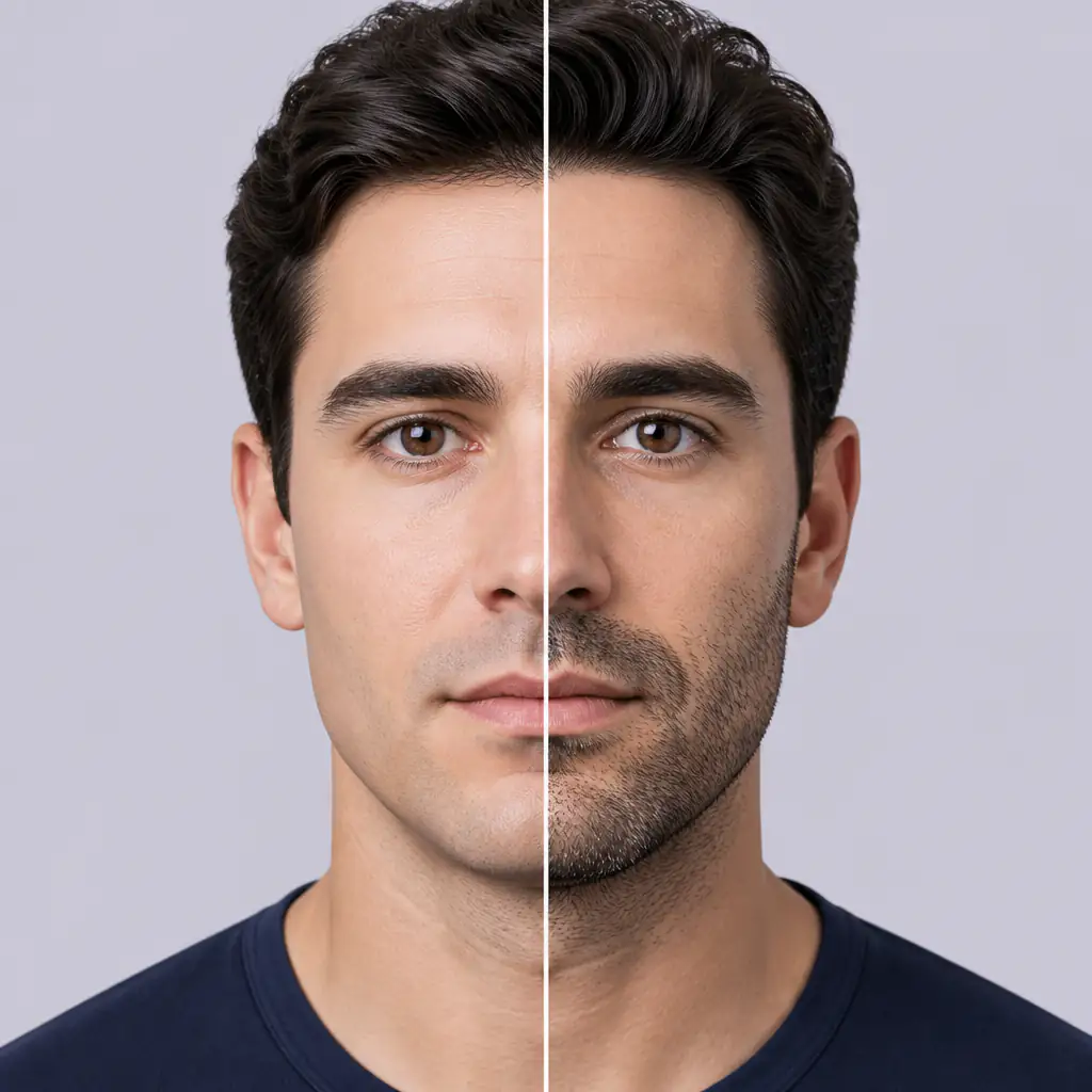 Clean shaven vs stubble side by side comparison on a man's face