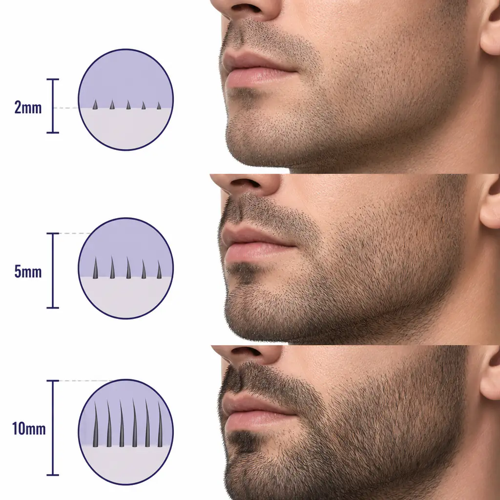 Stubble length comparison chart showing 2mm, 5mm, and 10mm growth stages