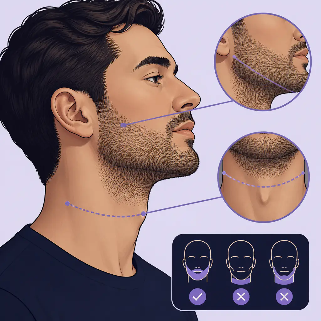 Diagram showing correct neckline and cheek line trimming guide for stubble grooming