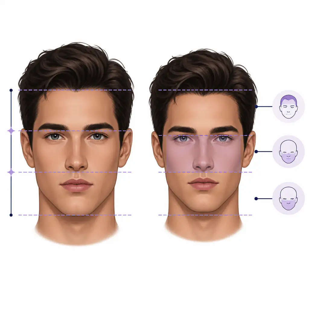 Diagram comparing a balanced midface to a compact midface with labeled facial thirds