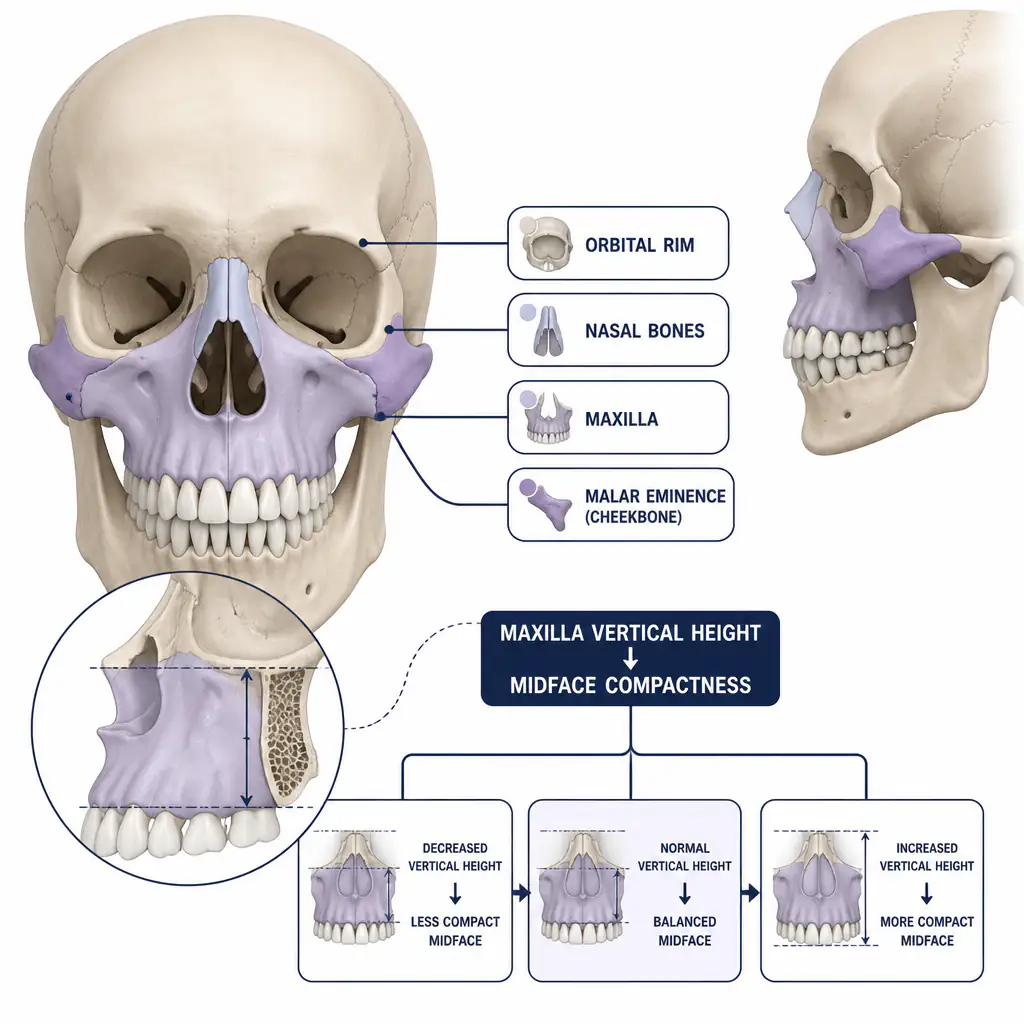 Anatomical diagram of the midface skeleton showing the maxilla and cheekbone structure