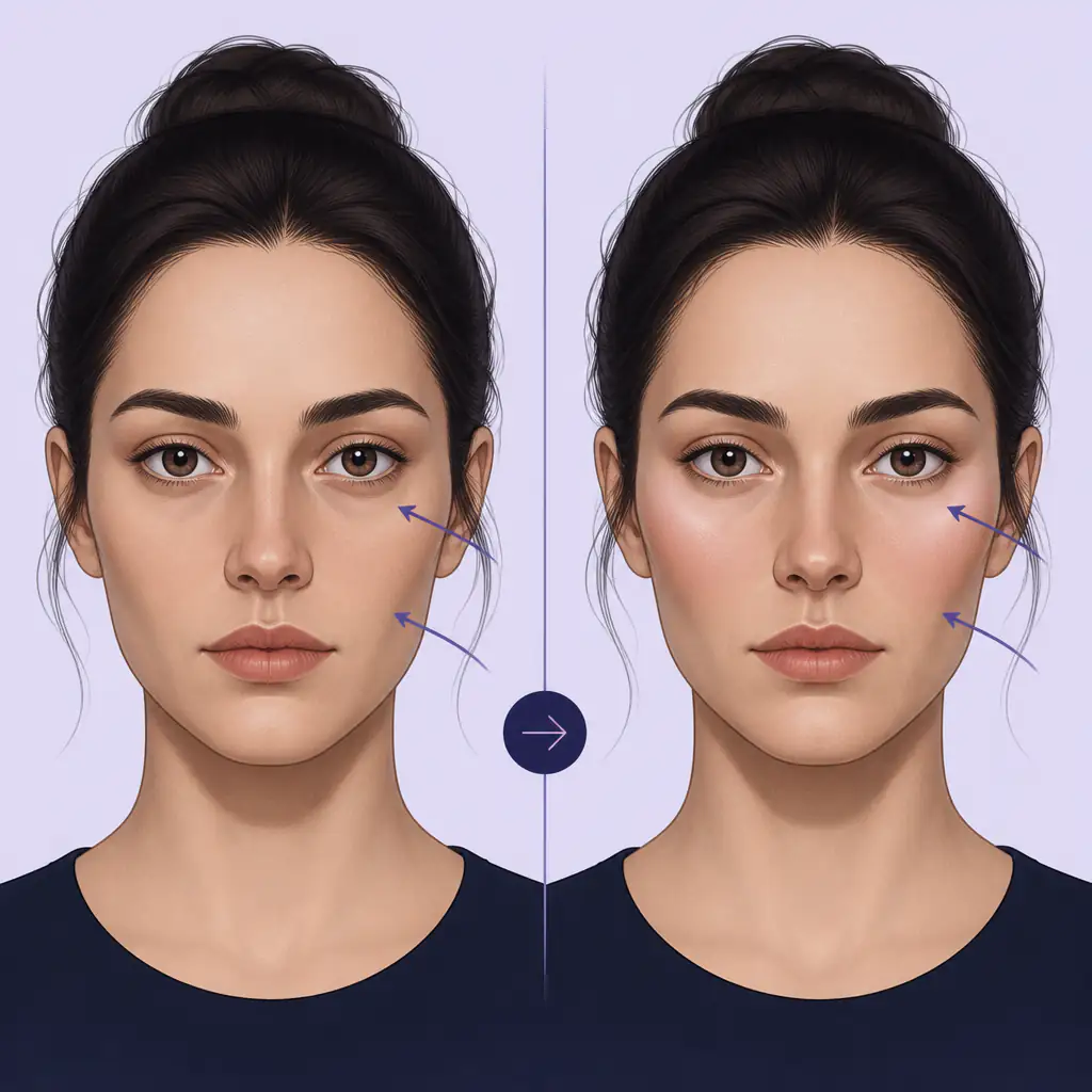 Before and after concept illustration showing compact midface with and without added cheekbone projection
