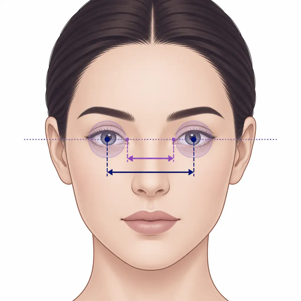 Diagram showing eye spacing measurements including IPD and intercanthal distance on a stylized face